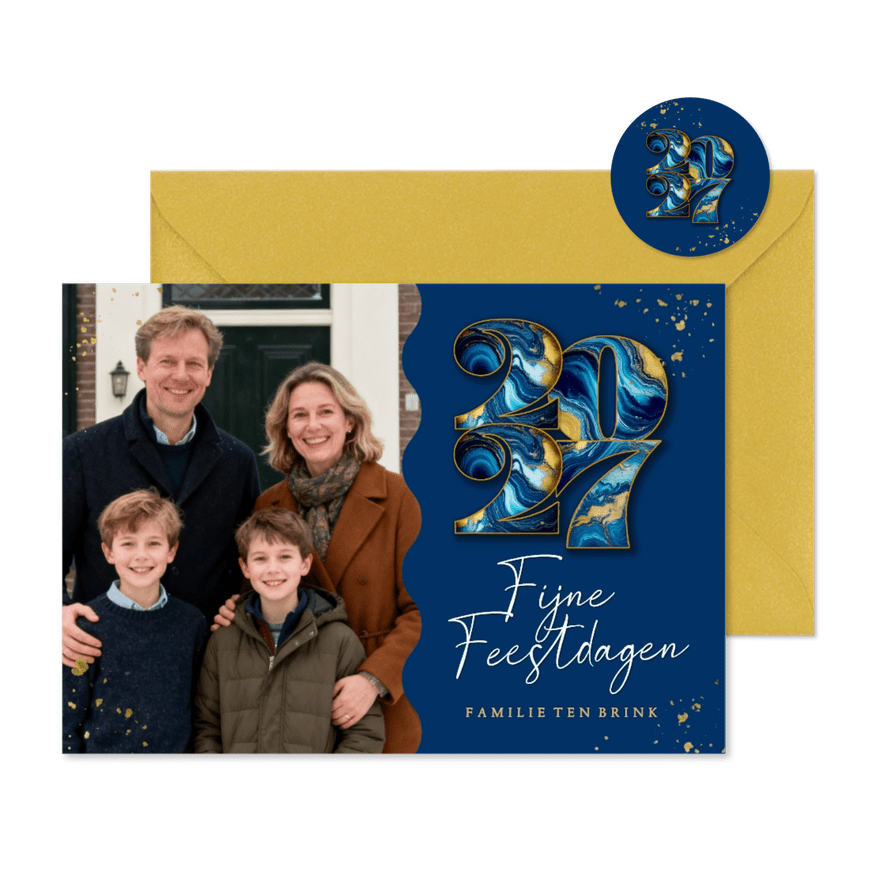 Modern fotokaartje kerst met marmeren 2027 blauw - Kaartimpressie