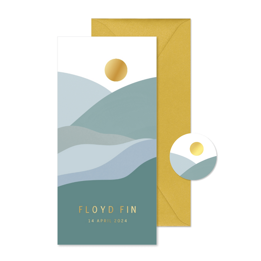 Modern geboortekaartje met abstract landschap en gouden zon - Kaartimpressie