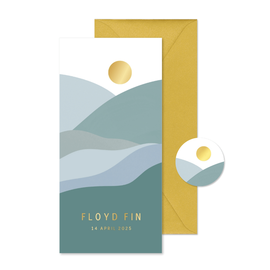 Modern geboortekaartje met abstract landschap en gouden zon - Kaartimpressie