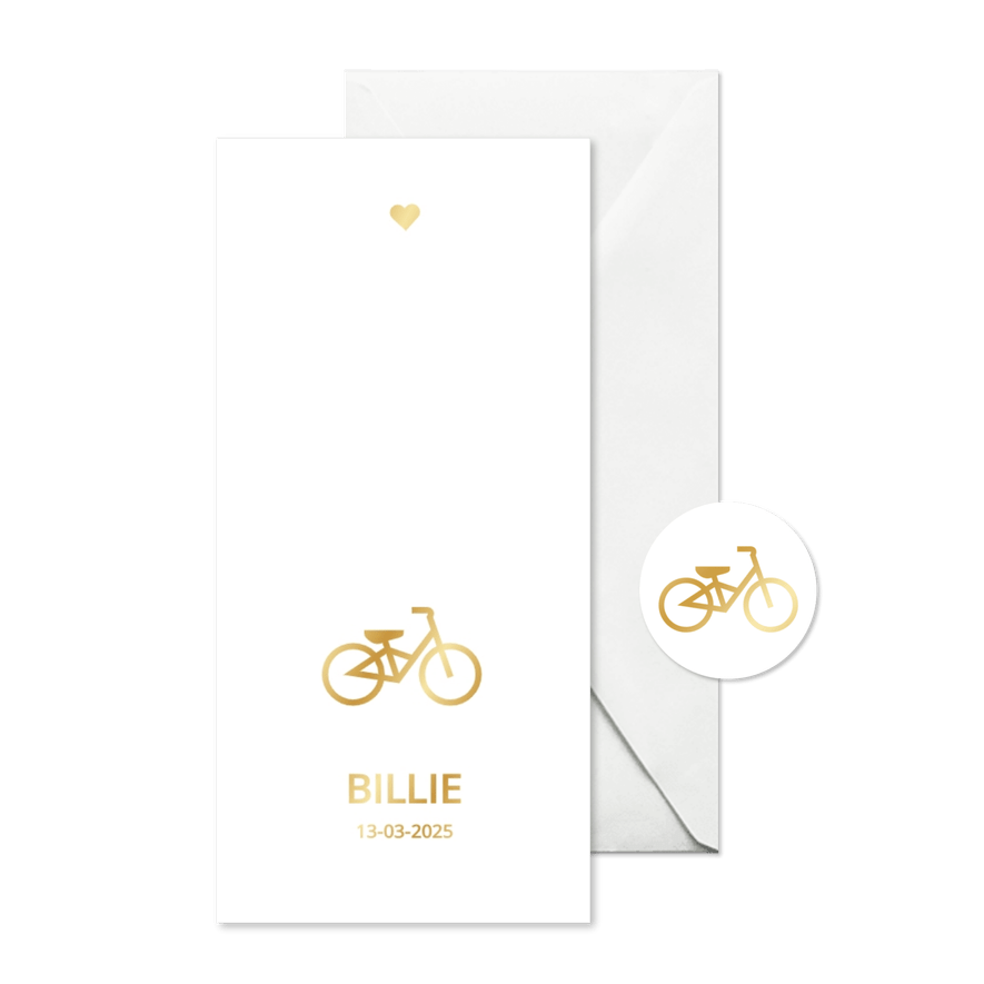 Modern geboortekaartje met gouden fietsje - Kaartimpressie