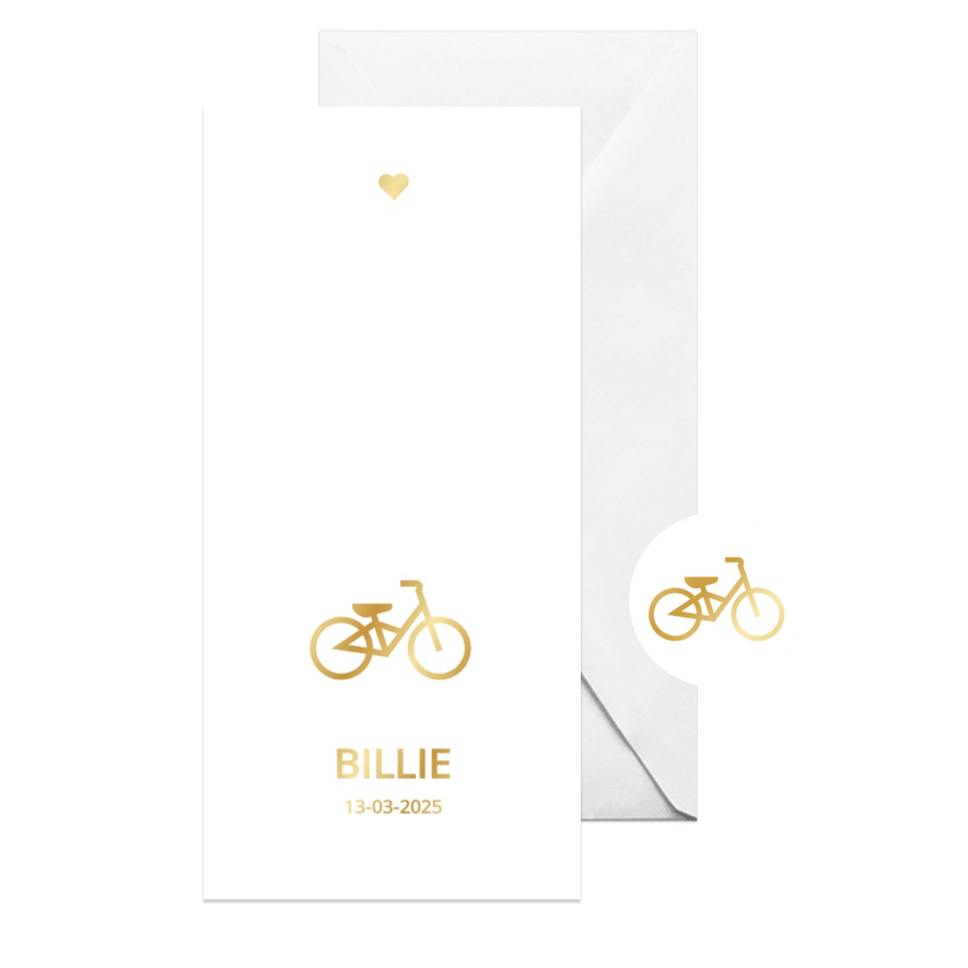 Modern geboortekaartje met gouden fietsje - Kaartimpressie