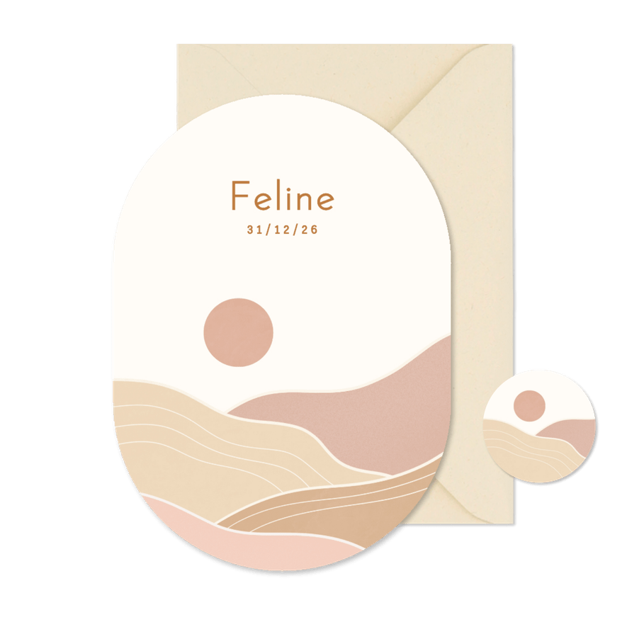 Modern geboortekaartje ovaal met landschap roze - Kaartimpressie