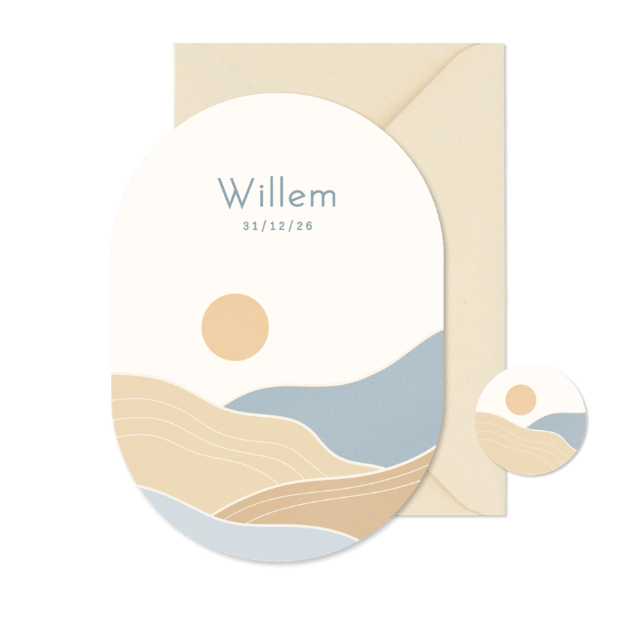 Modern geboortekaartje ovale vorm met landschap jongen - Kaartimpressie