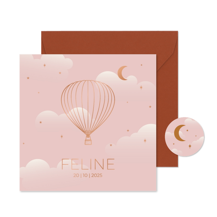 Modern geboortekaartje roze met luchtballon koperfolie - Kaartimpressie