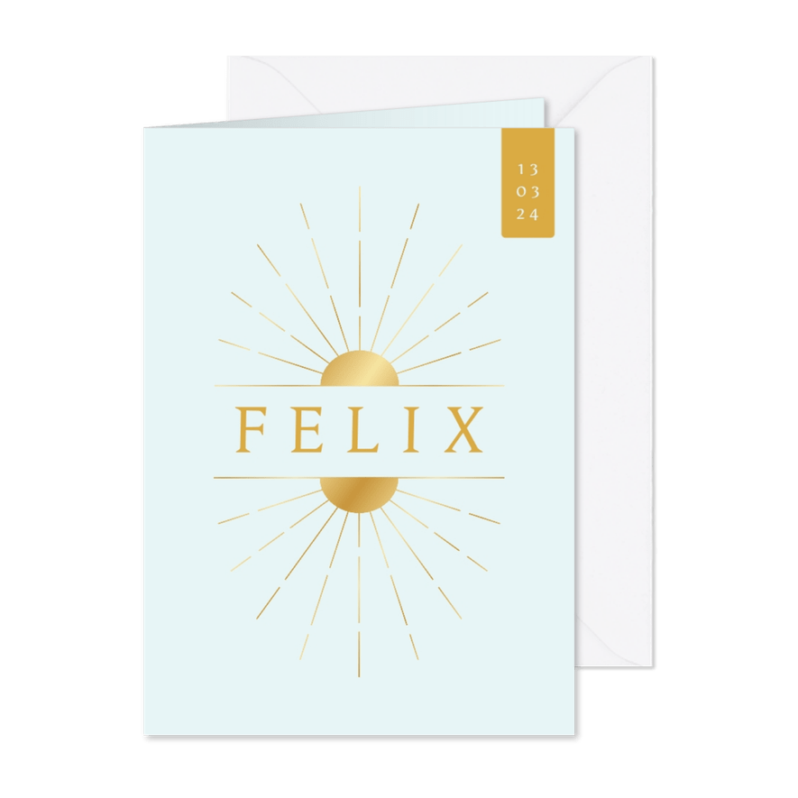 Modern geboortekaartje zonnetje in blauw en goud - Kaartimpressie