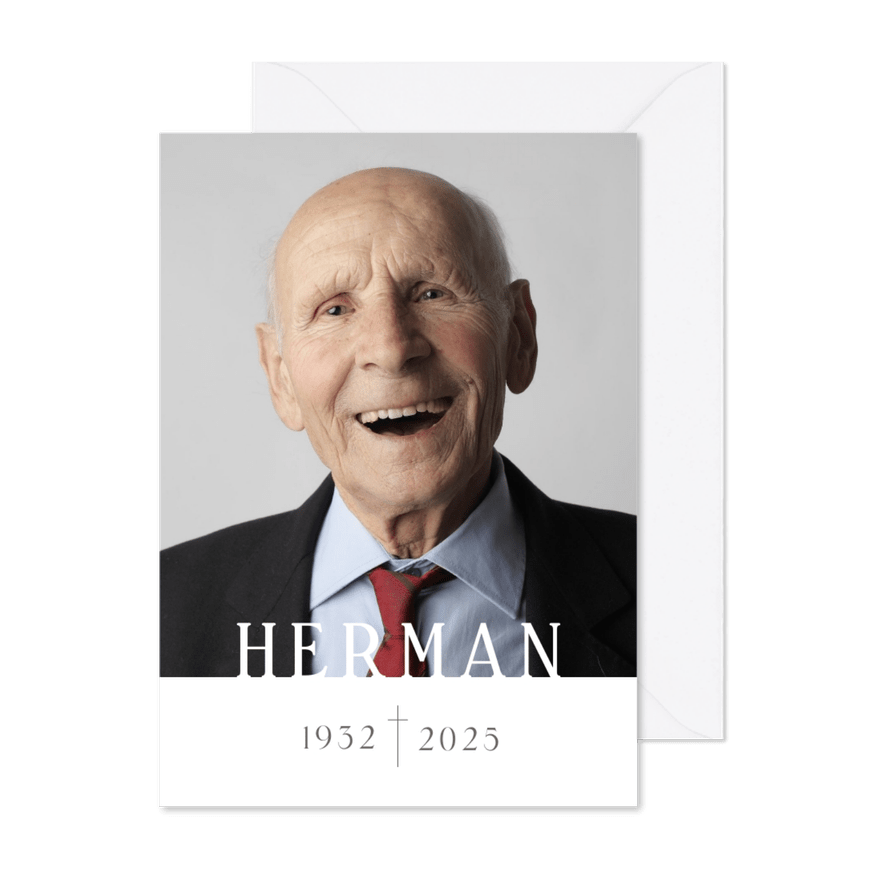 Modern gedachtenis bidprentje met foto naam en jaartallen - Kaartimpressie