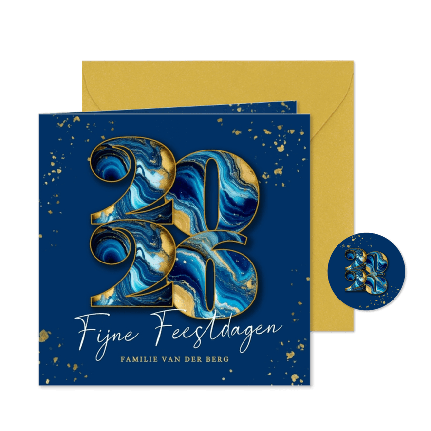 Modern kerstkaartje met marmeren 2026 donker blauw - Kaartimpressie