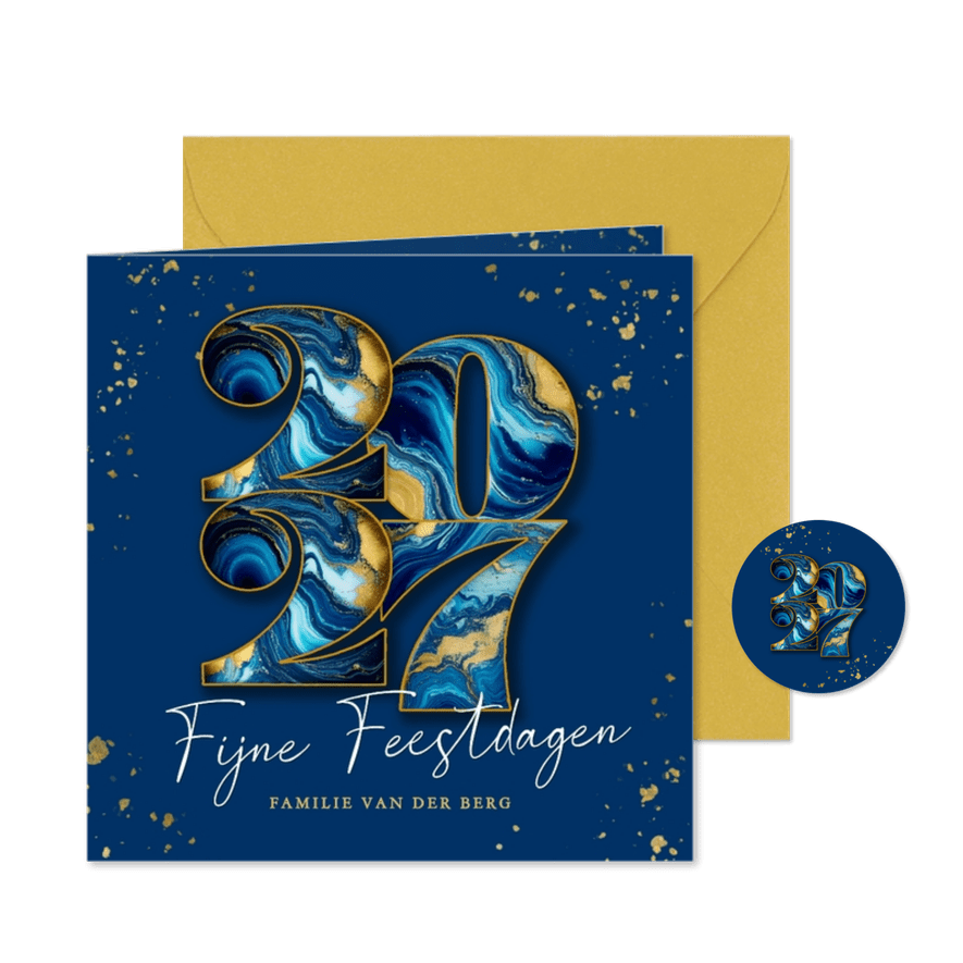 Modern kerstkaartje met marmeren 2027 donker blauw - Kaartimpressie