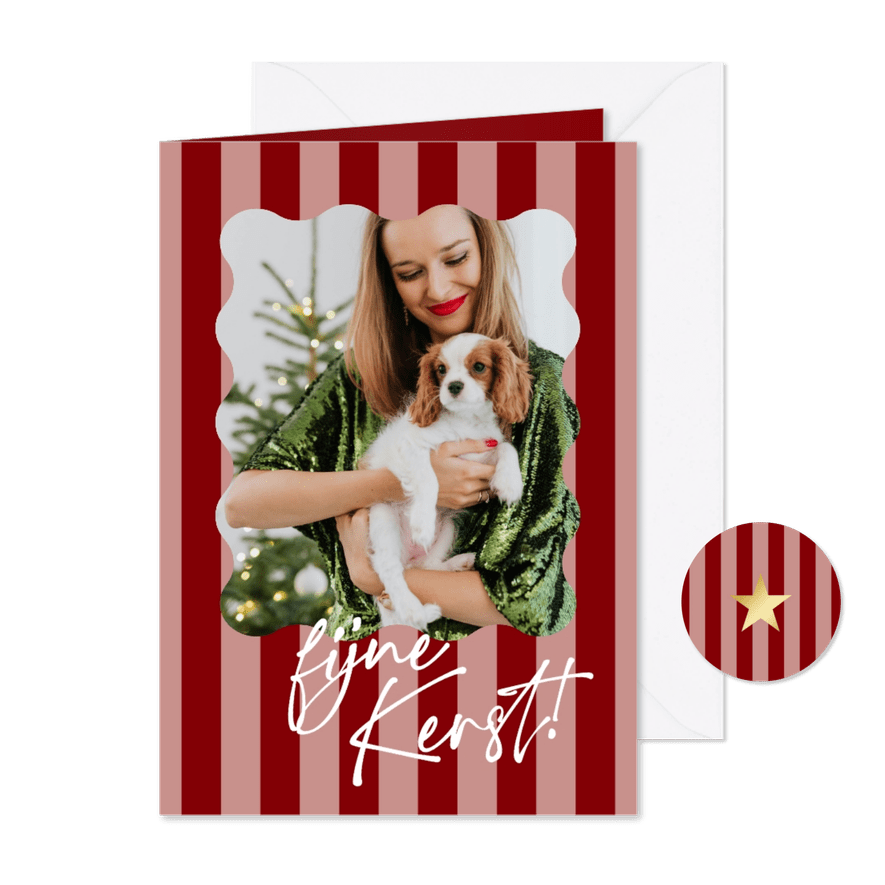 Modern kerstkaartje rood roze streepjes met foto - Kaartimpressie