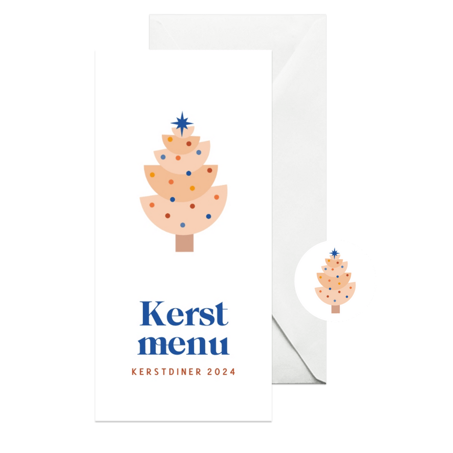 Modern kerstmenu met kerstboompje in beige en blauw - Kaartimpressie