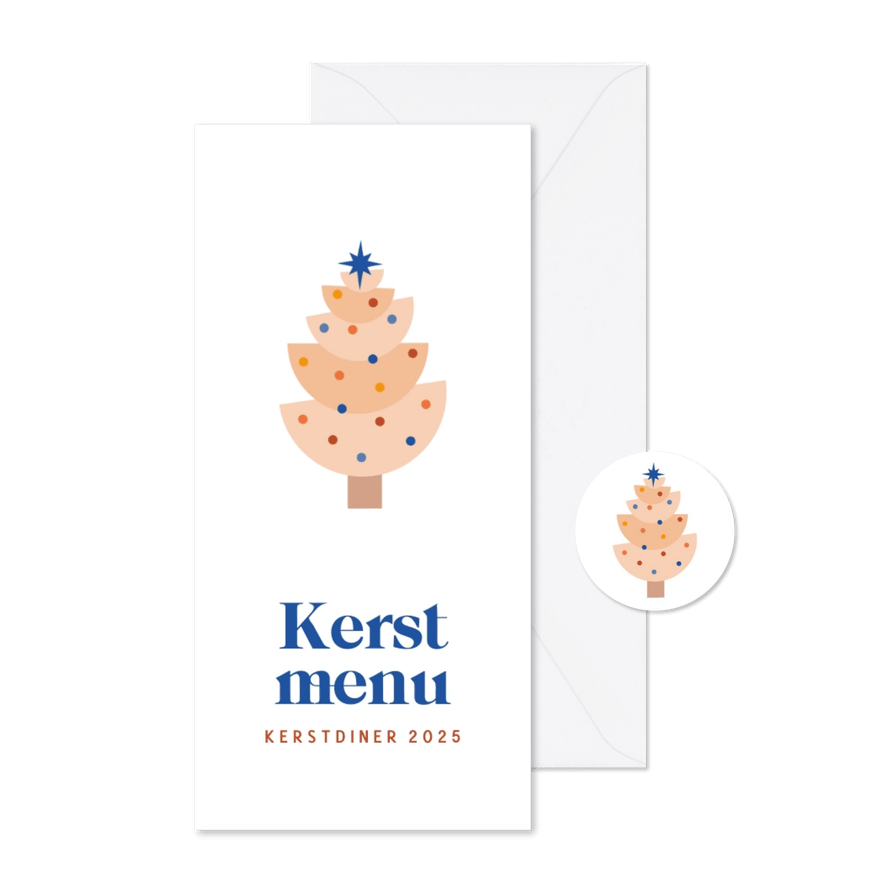 Modern kerstmenu met kerstboompje in beige en blauw - Kaartimpressie