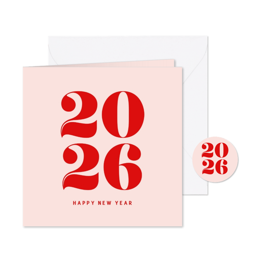 Modern nieuwjaarskaart met groot jaartal in roze rood - Kaartimpressie