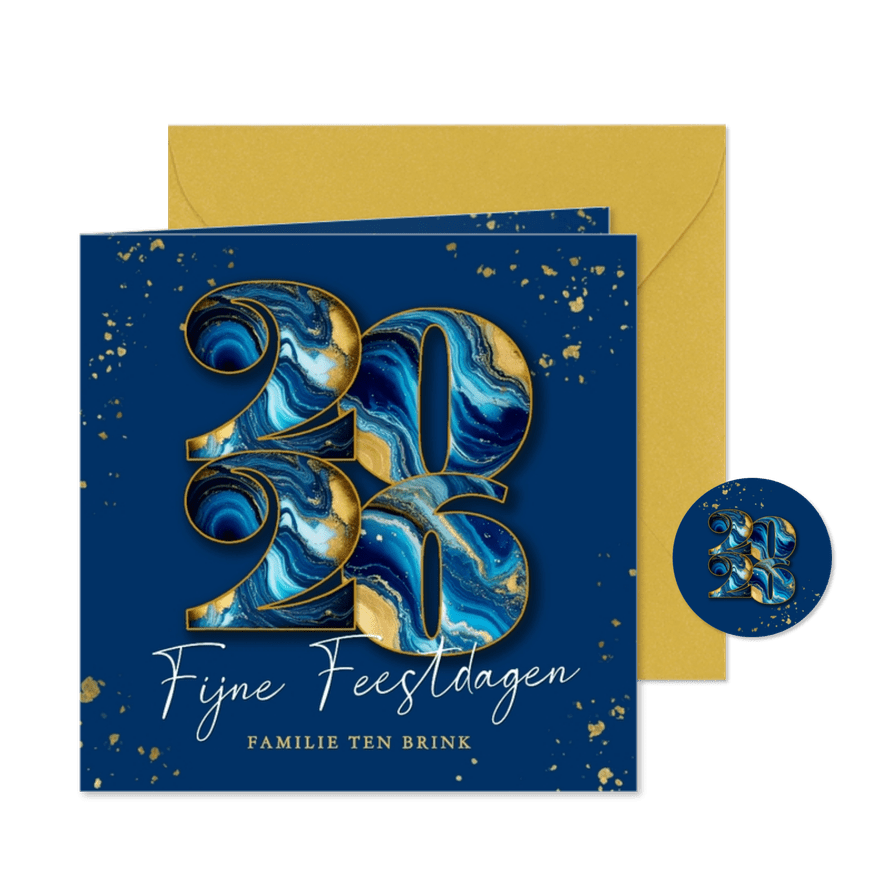 Modern nieuwjaarskaartje marmeren 2026 donker blauw - Kaartimpressie