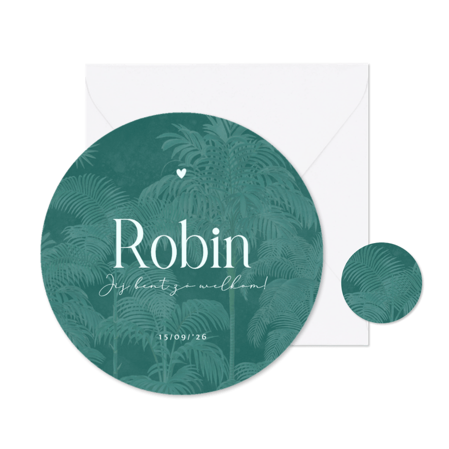 Modern rond geboortekaartje palmbomen groen - Kaartimpressie
