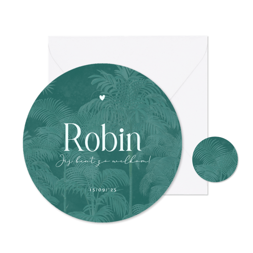 Modern rond geboortekaartje palmbomen groen - Kaartimpressie