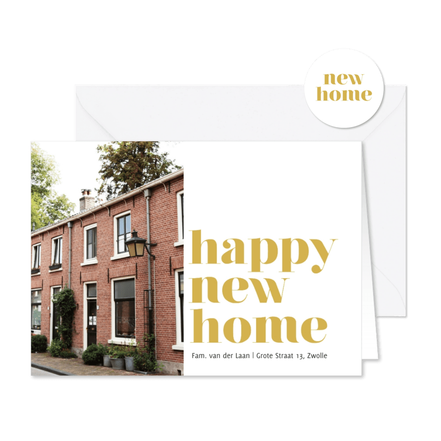Modern verhuisbericht met foto happy new home geel - Kaartimpressie
