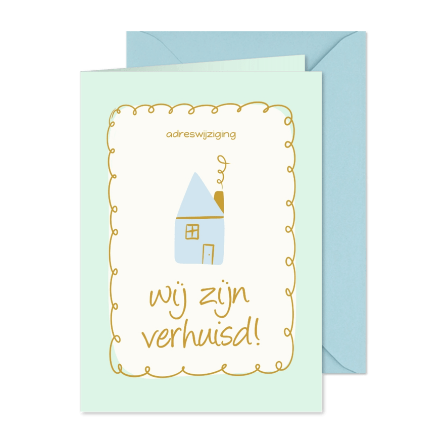 Modern verhuiskaartje met groen kader en blauw huisje - Kaartimpressie