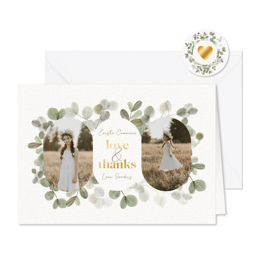 Moderne bedankkaart eerste communie eucalyptus takjes, foto - Kaartimpressie