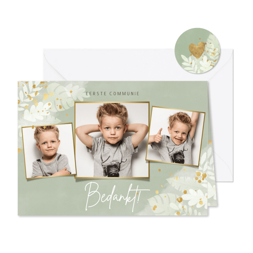 Moderne bedankkaart eerste communie jungle, foto en spetters - Kaartimpressie