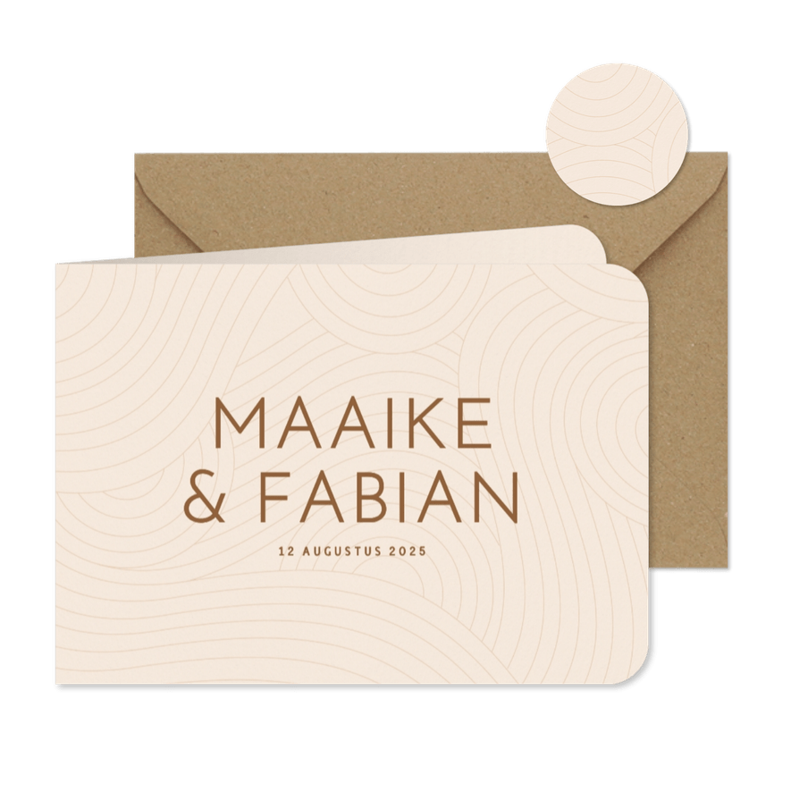 Moderne beige trouwkaart met golvende lijnen - Kaartimpressie
