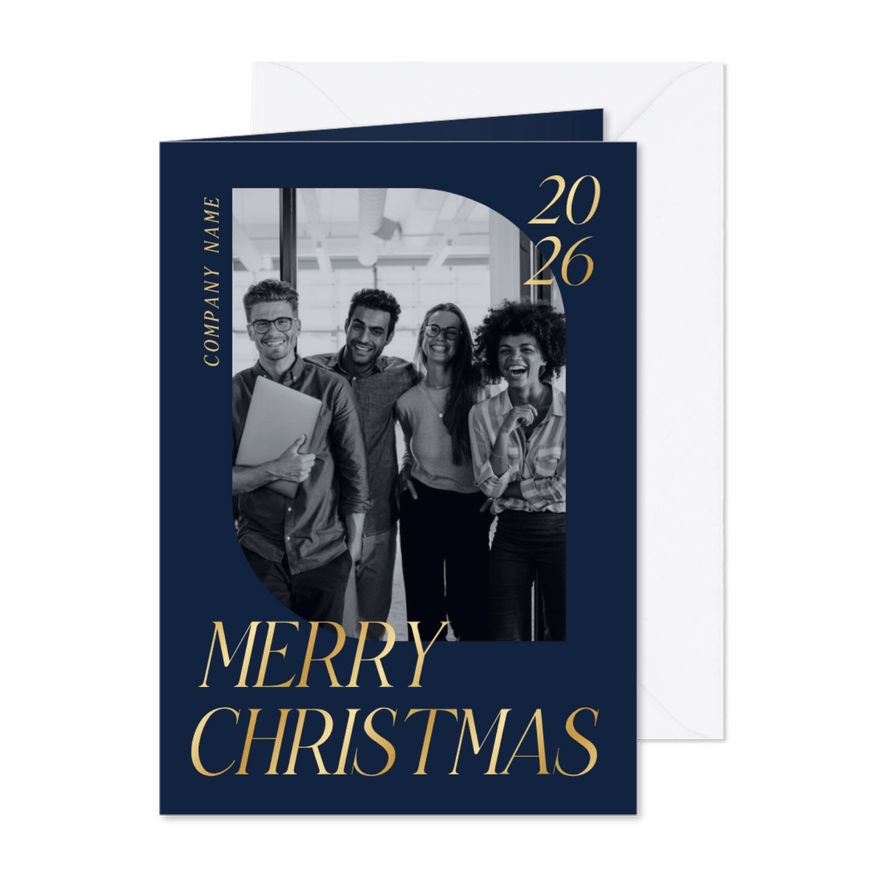 Moderne blauwe kerstkaart voor bedrijf met foto en goudfolie - Kaartimpressie