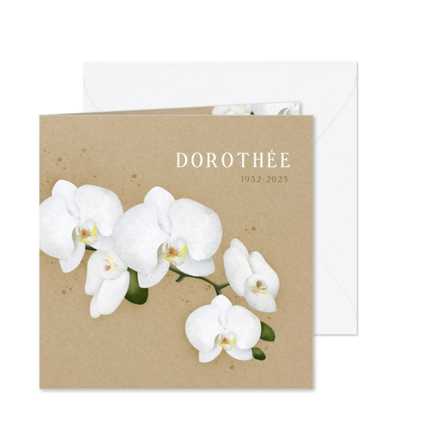 Moderne bloemen rouwkaart met illustratie van een orchidee - Kaartimpressie