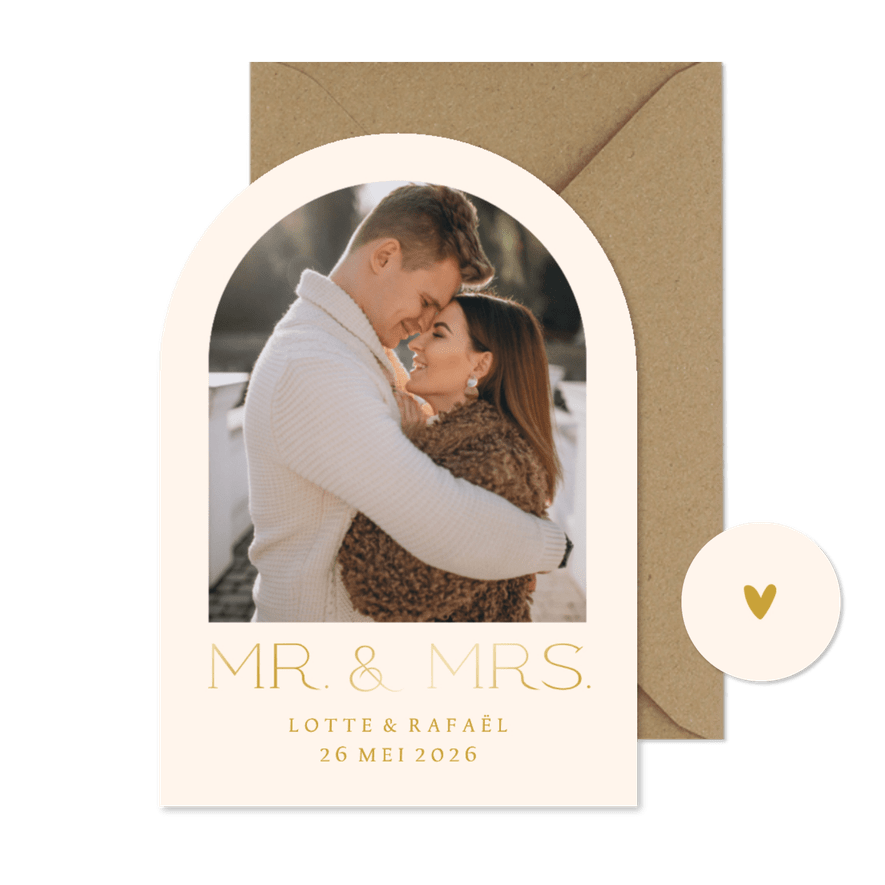 Moderne boogvorm trouwkaart met foto - Kaartimpressie