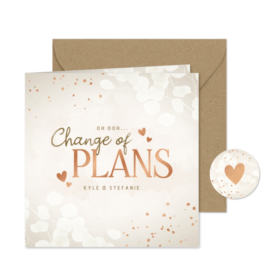 Moderne change the date eucalyptus koper spetters & hartjes - Kaartimpressie