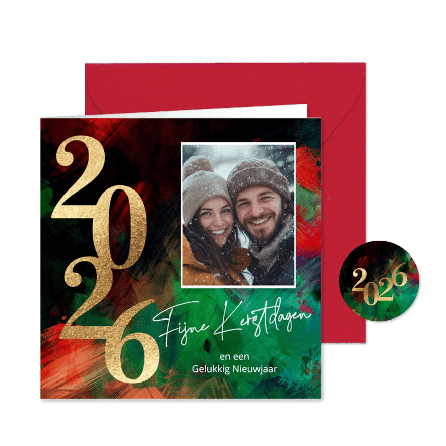 Moderne foto kerstkaart verf met goud - Kaartimpressie