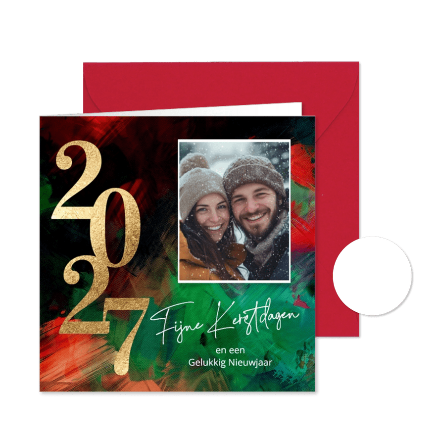 Moderne foto kerstkaart verf met goud - Kaartimpressie