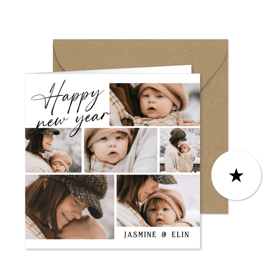 Moderne fotocollage nieuwjaar zes foto's happy new year - Kaartimpressie