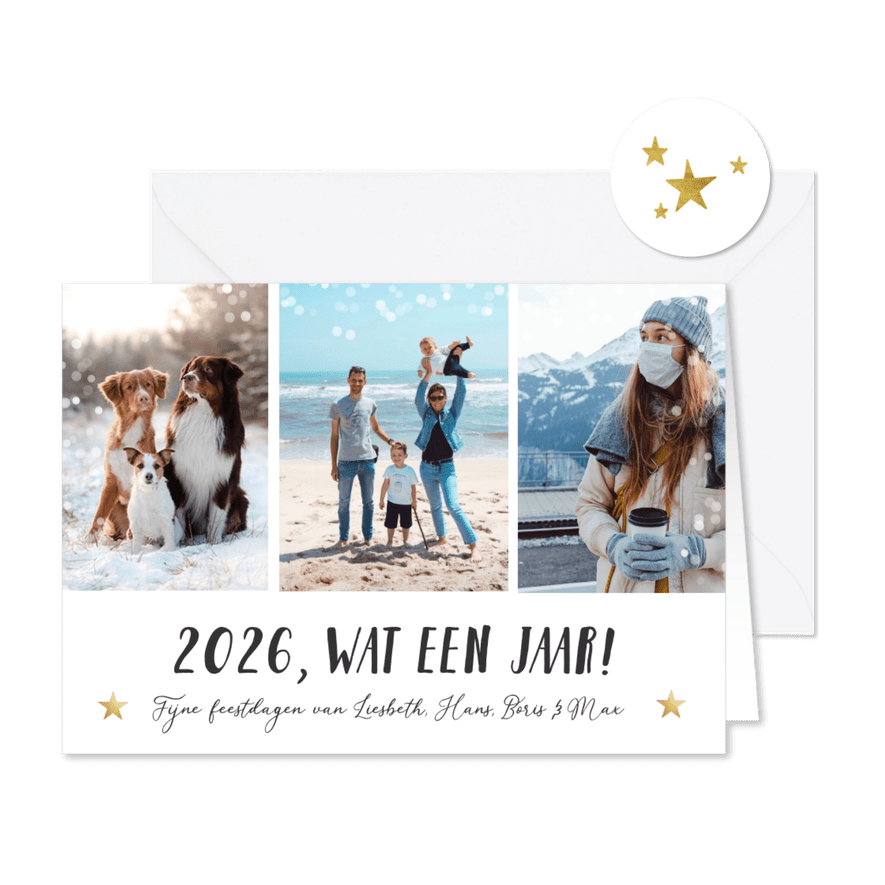 Moderne fotocollage nieuwjaarskaart - 2026 wat een jaar - Kaartimpressie
