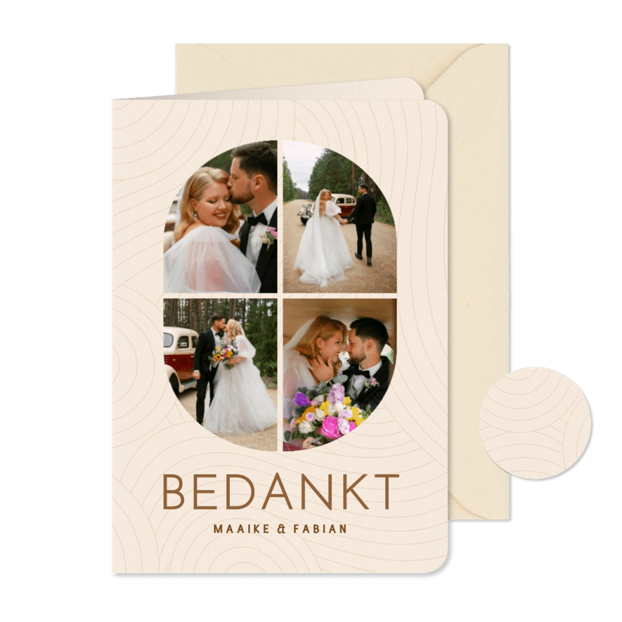 Moderne fotocollage trouwkaart bedankt beige met lijnen - Kaartimpressie