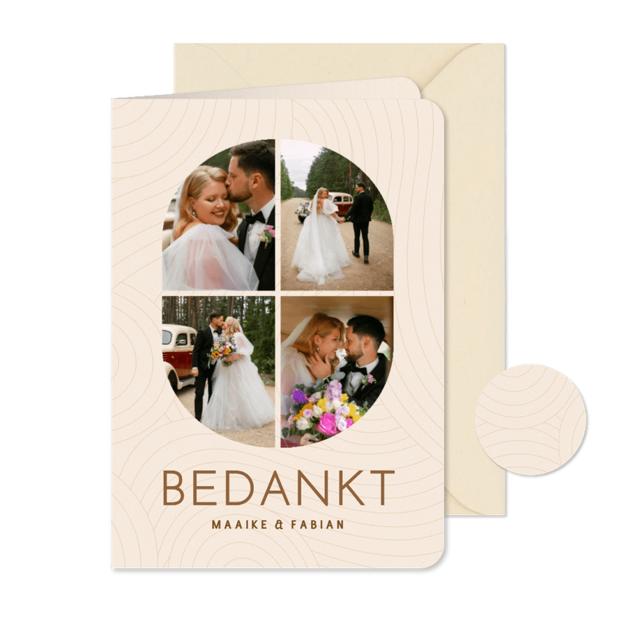 Moderne fotocollage trouwkaart bedankt beige met lijnen - Kaartimpressie