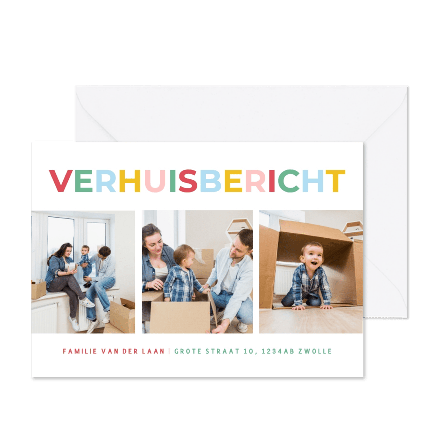 Moderne fotocollage verhuiskaarten met regenboog tekst - Kaartimpressie