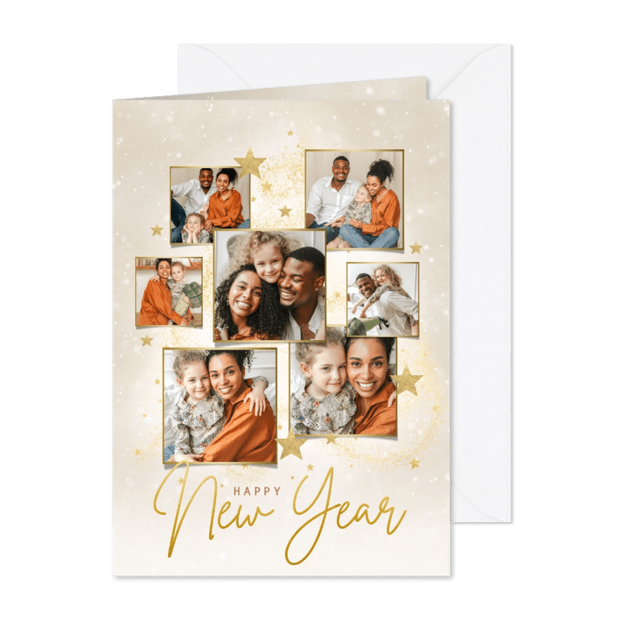 Moderne goudlook fotocollage Happy New Year! met sterren - Kaartimpressie