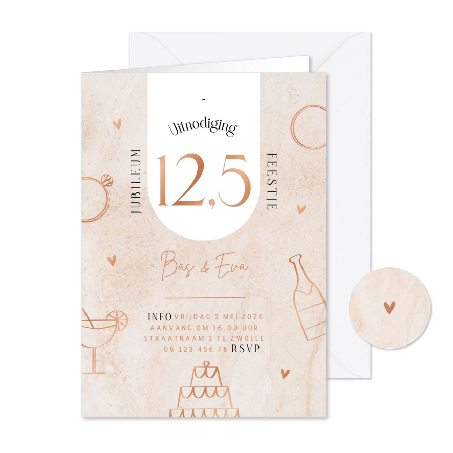 Moderne jubileumkaart 12,5 jaar doodles en hartjes in koper - Kaartimpressie