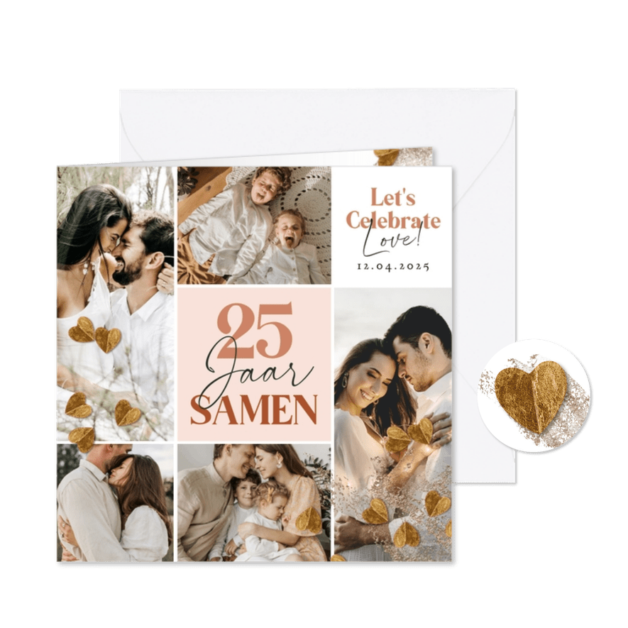 Moderne jubileumkaart 25 jaar samen collage harten goud - Kaartimpressie