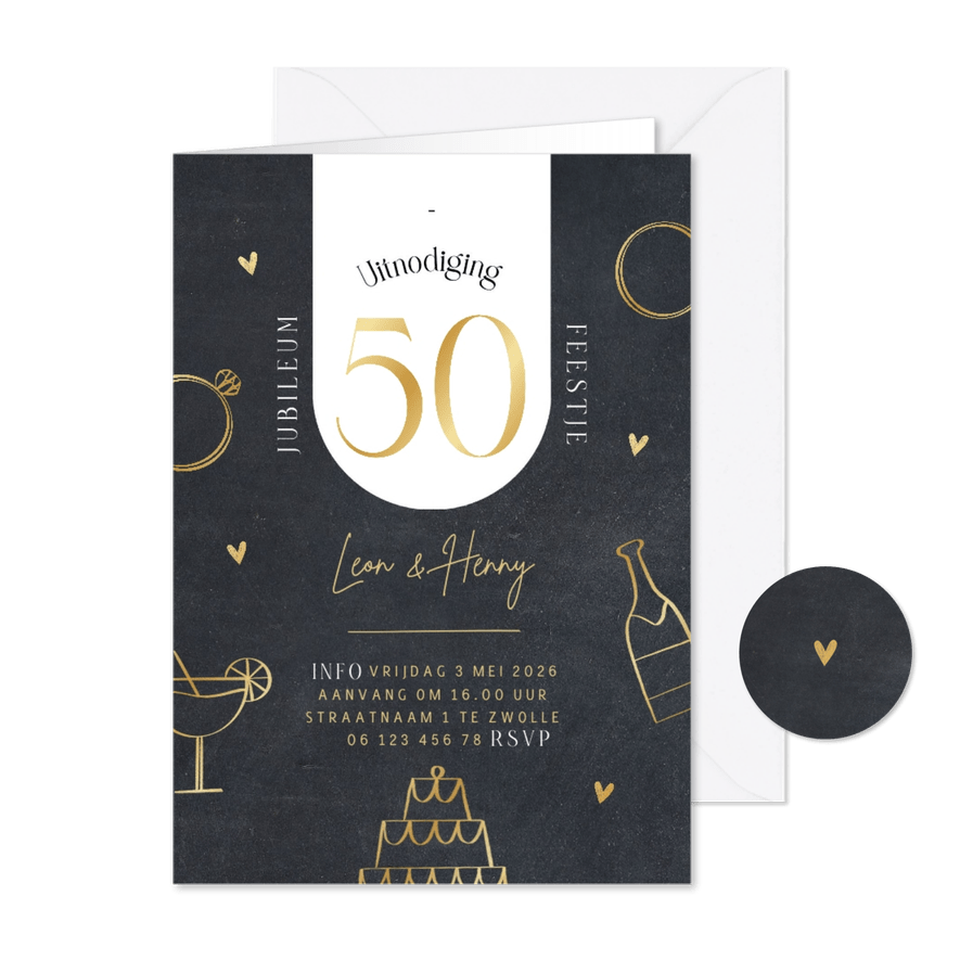 Moderne jubileumkaart 50 jaar doodles en hartjes in goud - Kaartimpressie