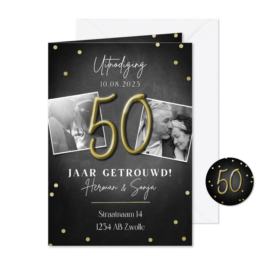 Moderne jubileumkaart 50 jaar met confetti en foto's - Kaartimpressie