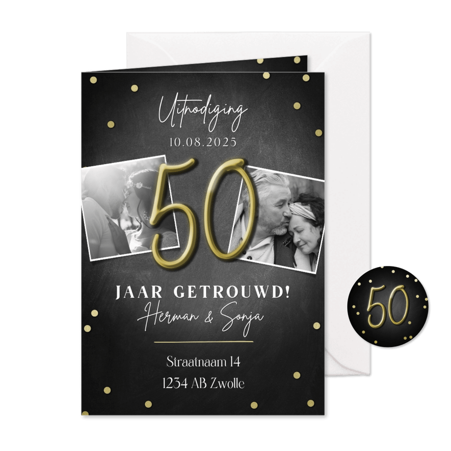 Moderne jubileumkaart 50 jaar met confetti en foto's - Kaartimpressie