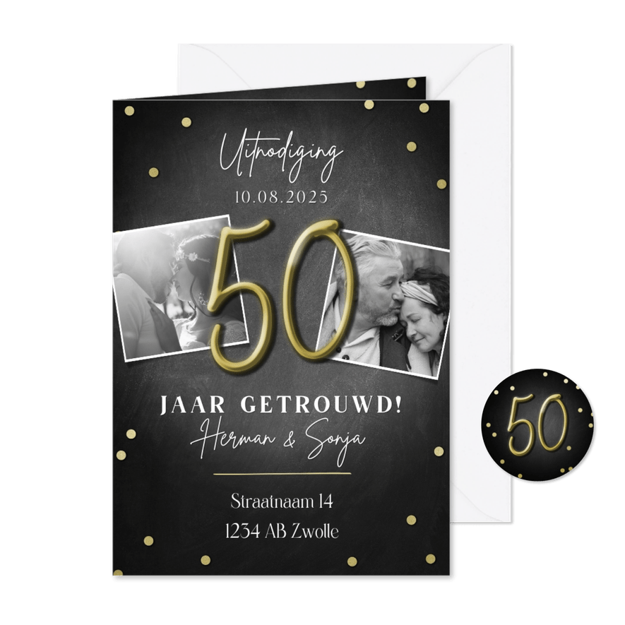 Moderne jubileumkaart 50 jaar met confetti en foto's - Kaartimpressie