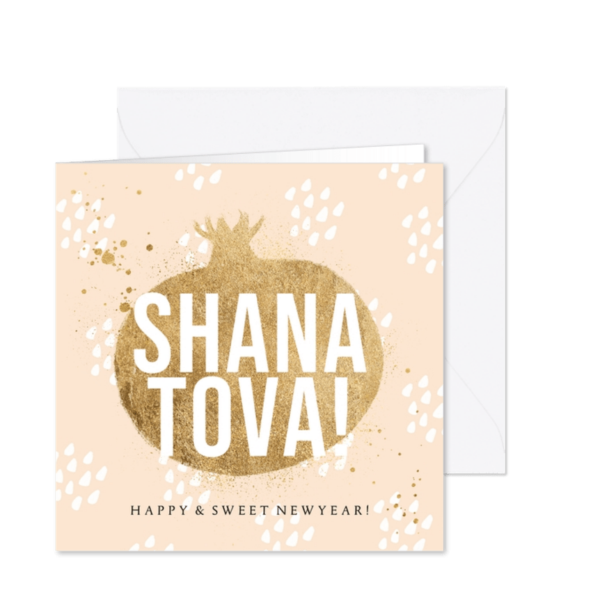 Moderne kaart Joods nieuwjaar Shana Tova goud granaatappel - Kaartimpressie