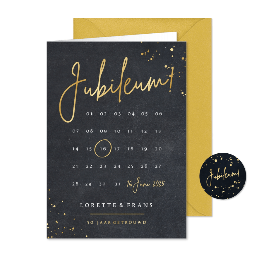 Moderne kalender uitnodiging jubileum met goudfolie - Kaartimpressie