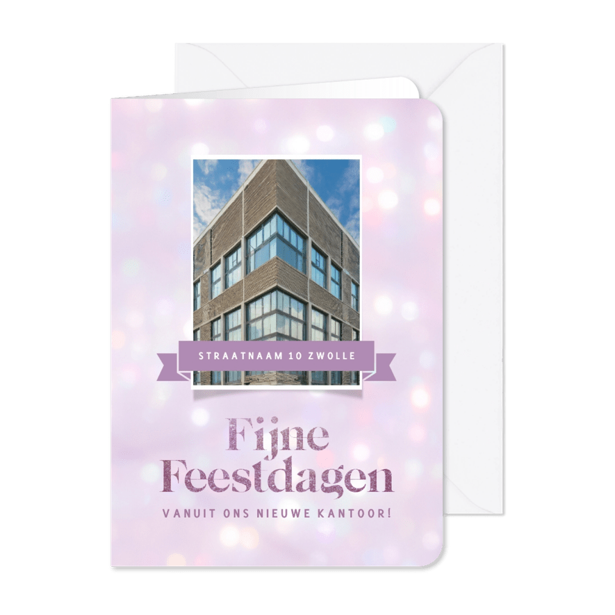 Moderne kerst- verhuiskaart met paars bokeh voor bedrijf - Kaartimpressie