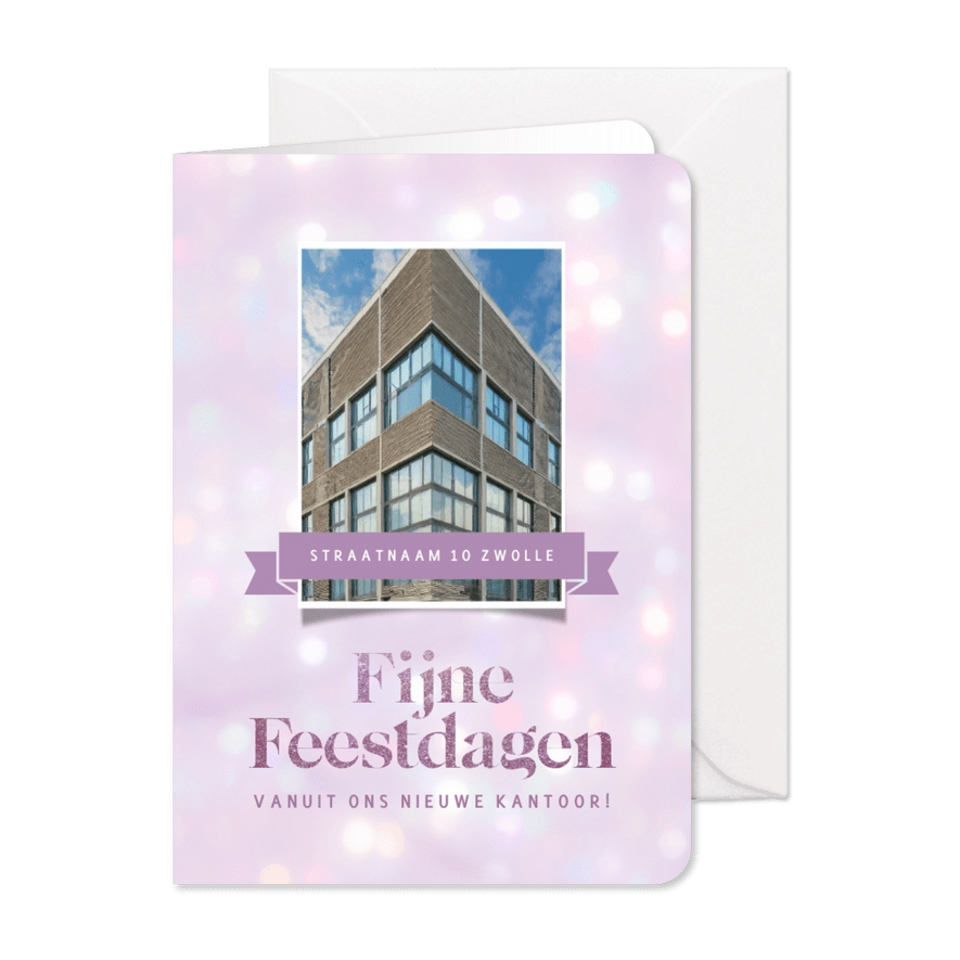 Moderne kerst- verhuiskaart met paars bokeh voor bedrijf - Kaartimpressie