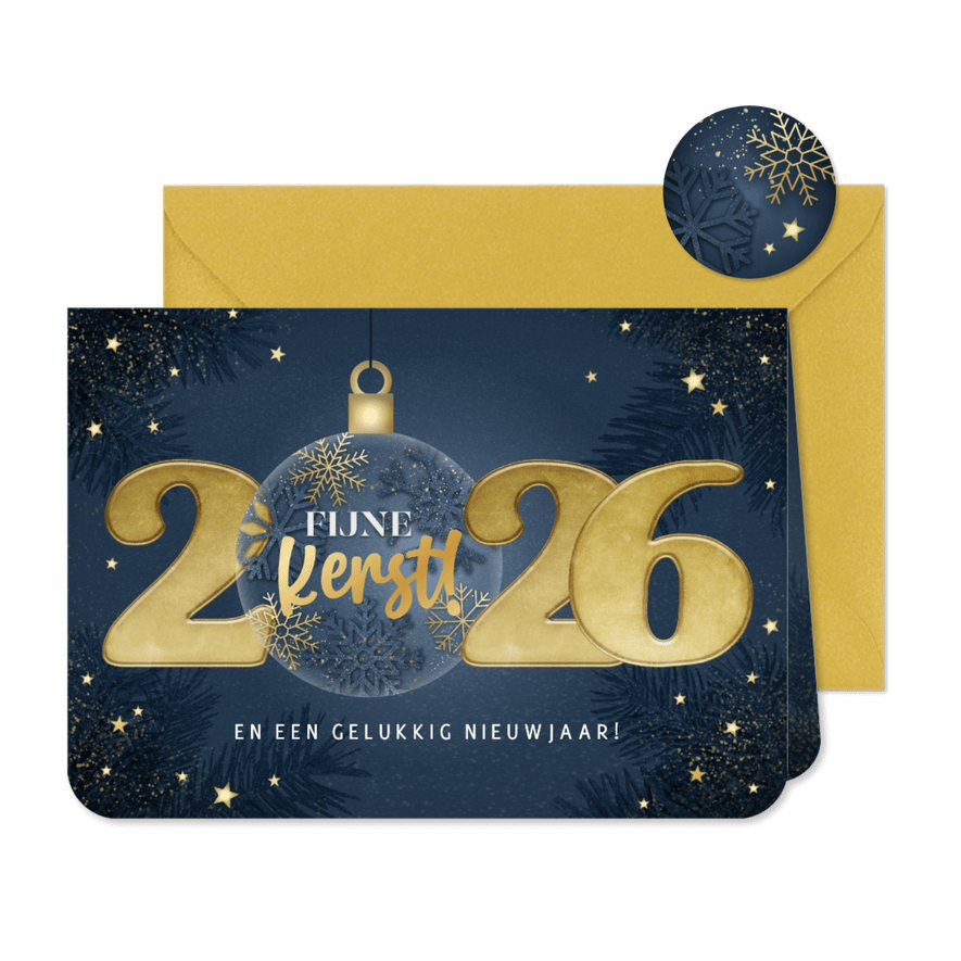 Moderne kerstkaart 2026 kerstbal en sterren - Kaartimpressie