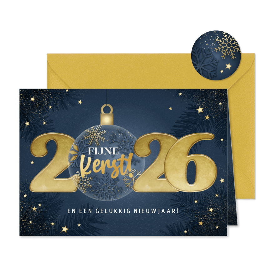 Moderne kerstkaart 2026 kerstbal en sterren - Kaartimpressie
