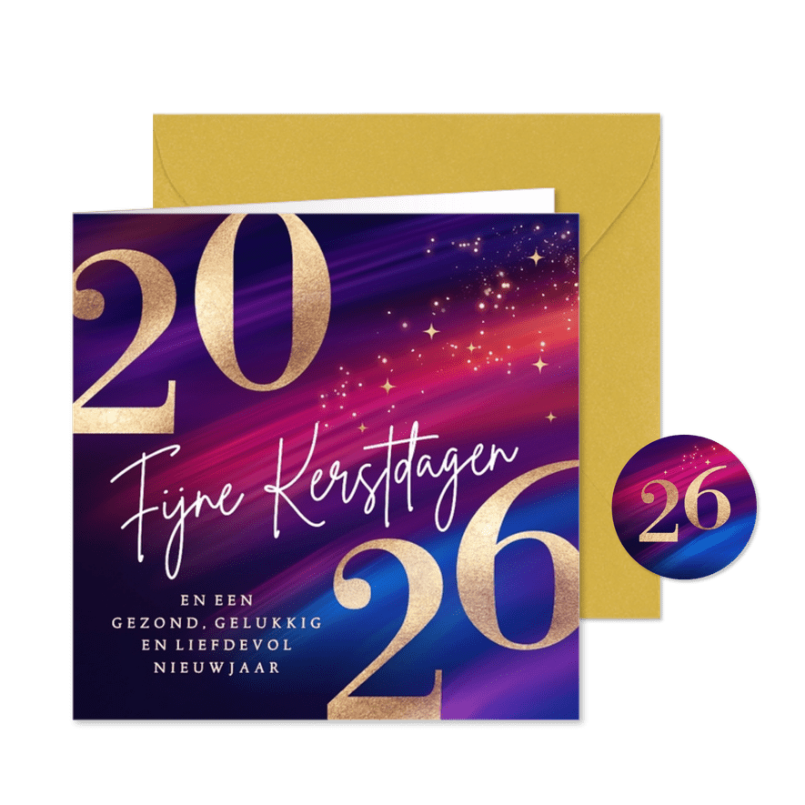 Moderne kerstkaart 2026 met goud en paars - Kaartimpressie