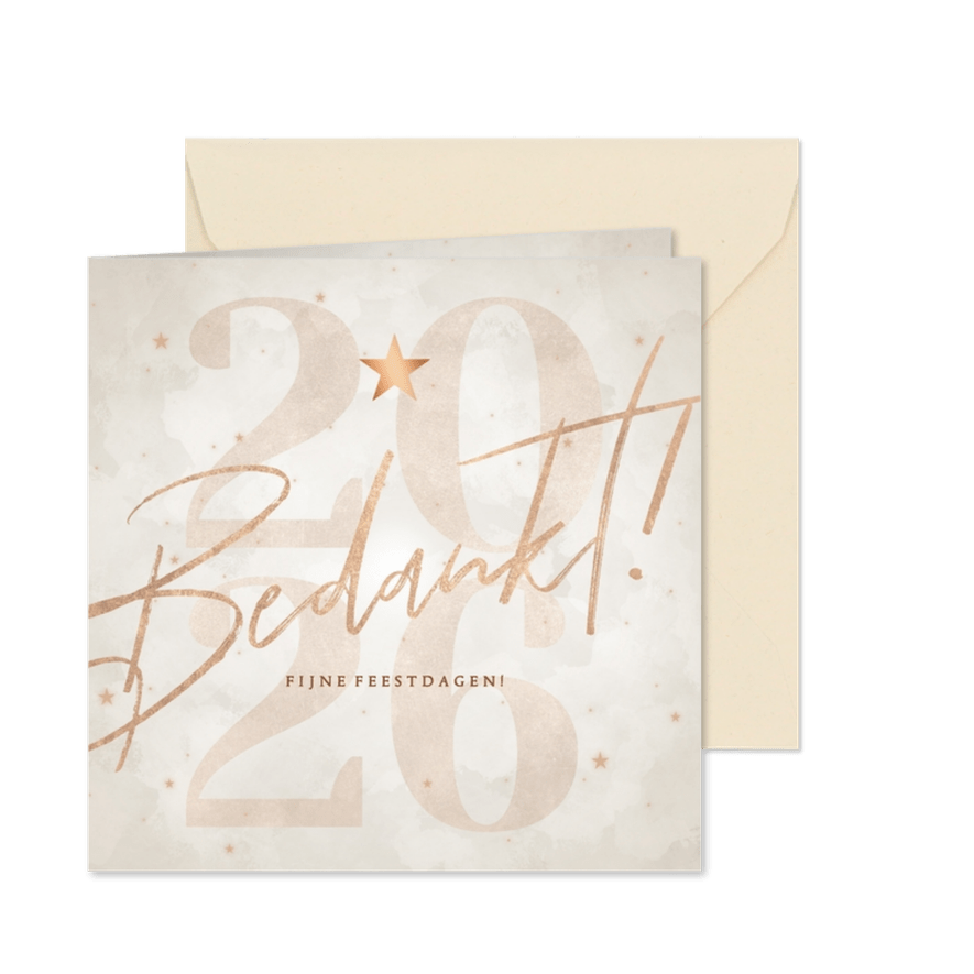 Moderne kerstkaart bedankt met sterretjes en 2026 - Kaartimpressie